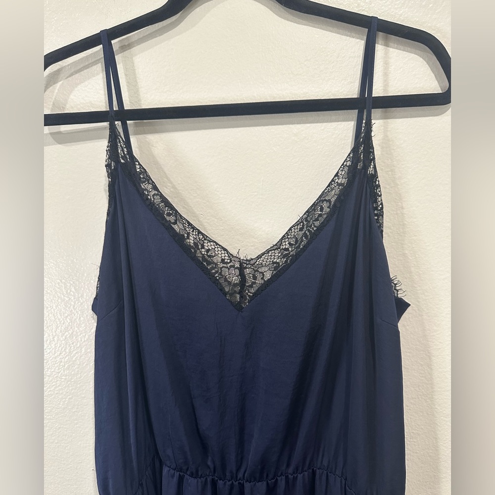 Asos Design Cami Dress Womens Size 14 Navy Blue With Black Lace Trim V Neck - Picture 2 of 12